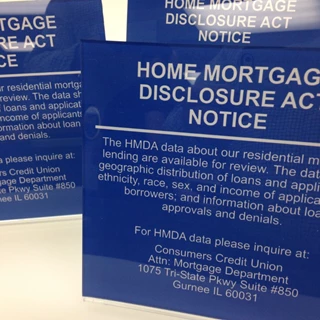 Acrylic self standing Home Mortgage Disclosure Act Notice signs.  Gurnee IL